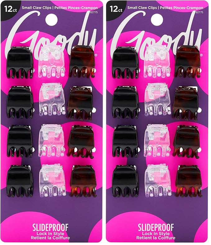 Goody Small Basic Half-Claw Clips, 3 Prong Hair Clips, Assorted Neutral Colors, All Hair Types, 12 Count (Pack of 2)