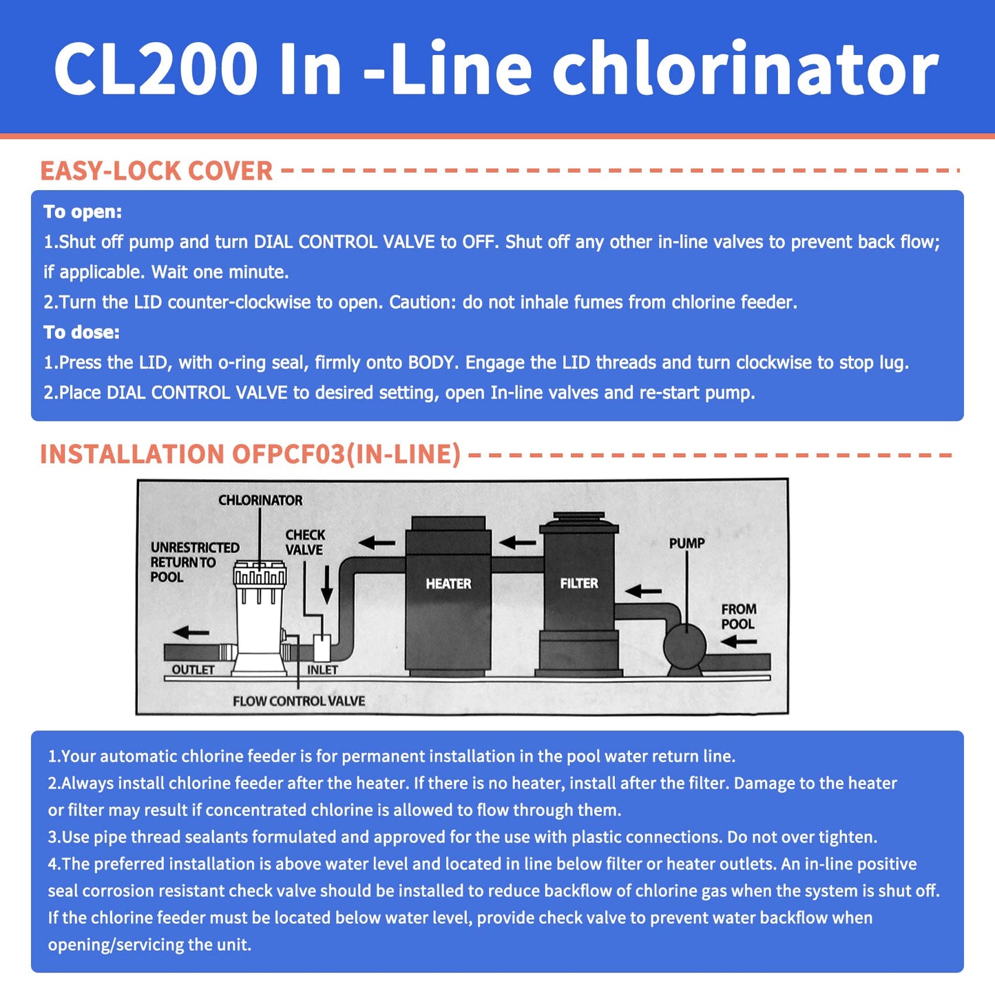 CL200 Inline Chlorinator Replacement for Hayward CL200EF Chlorine Feeder, Inground Pool Inline Automatic Chlorinator Feeder, High-Grade ABS Material, Easy to Use (2 O-Rings)