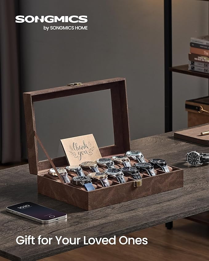 SONGMICS Watch Box, 12-Slot Watch Case Organizer with Large Glass Lid, Removable Pillows, Gift for Loved Ones, Coffee Brown Synthetic Leather, Coffee Brown Lining UJWB120KQ01S