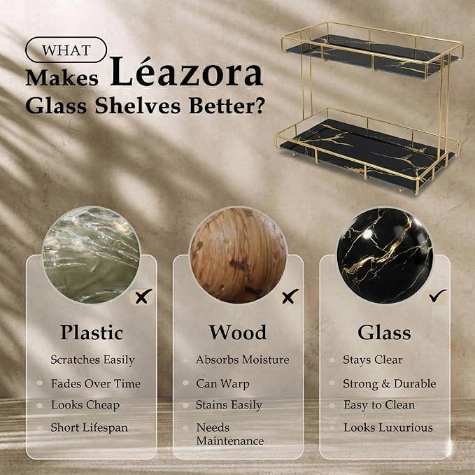 2-Tier Black Marble Bathroom Countertop Organizer Ã¢ÂÂ Glass Shelves & Gold Metal Frame, Stylish Vanity Storage Shelf for Perfume, Skincare, Makeup & Toiletries