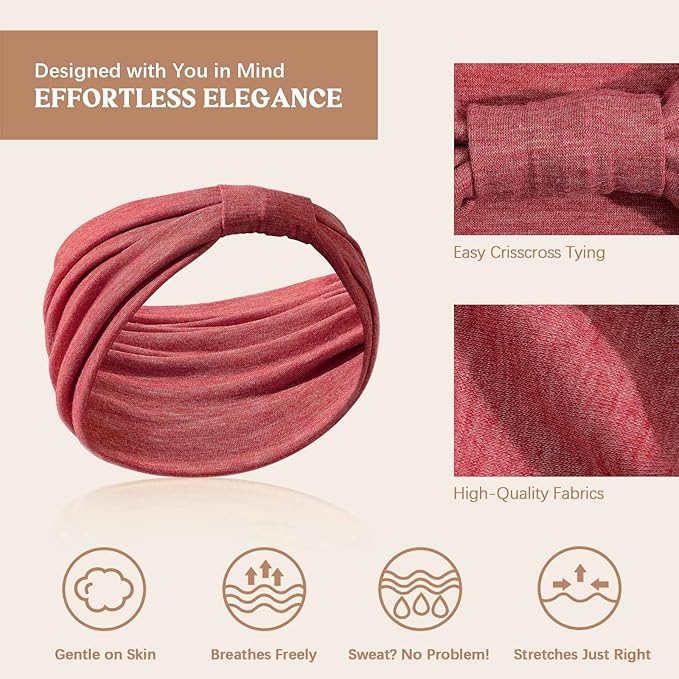 Awumbuk Wide Headbands for Women Knotted No Slip Head Bands Soft Turban Headband Hair Accessories Boho African Solid Color Head Wraps for Women Yoga Workout Pack of 6
