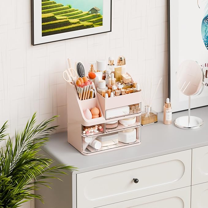 Yieach Pink Makeup Organizer Countertop With 4 Drawers,Large Cosmetics Storage Organizer for Brush,Hair Products,Plastic Makeup Holders and Beauty Skincare Organizers for Bathroom,Vanity,Dresser Top