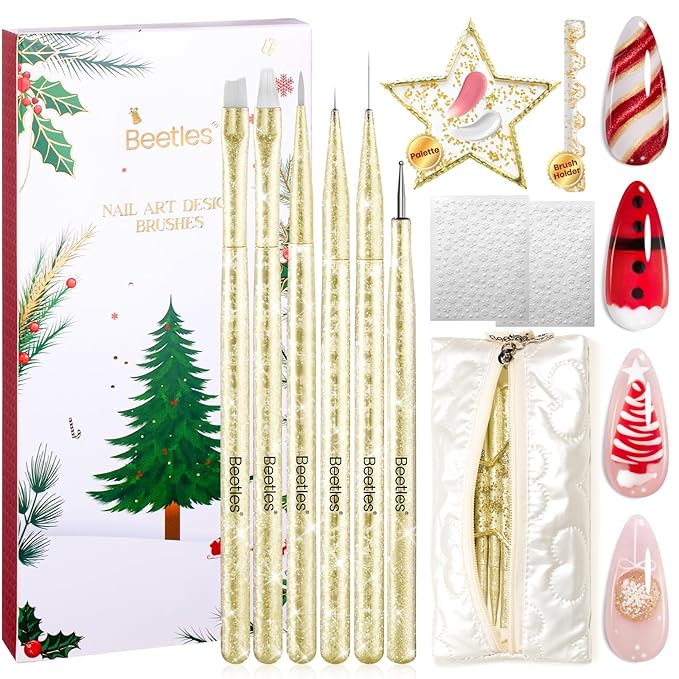 Beetles Christmas Nail Art Brushes 6pcs Ã¢ÂÂ Golden Gleam Nail Art Tools Liner Brushes for Nails Dotting Tool Gradient/French/Petal Manicure Design Pen with Star Palette Holder Nails Stickers Pouch Bag