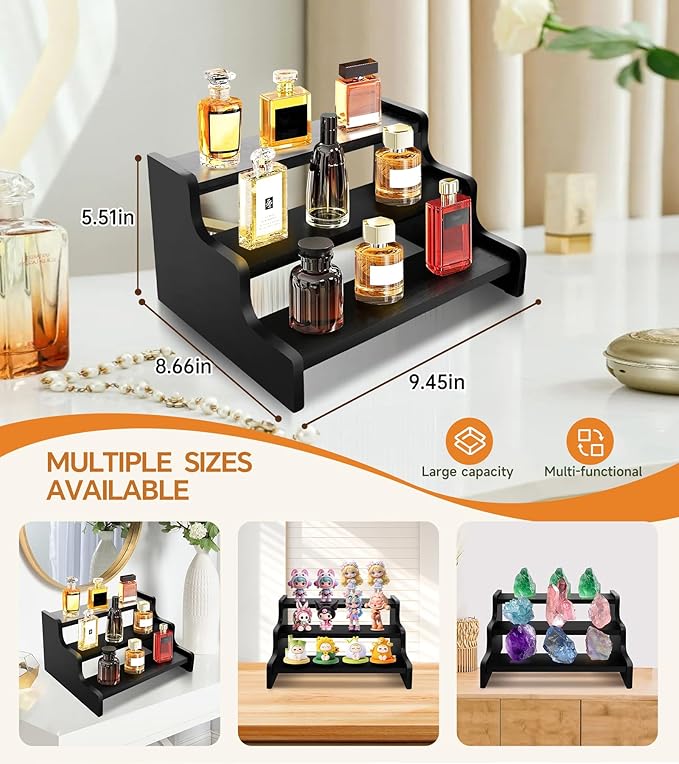 3 Tier Display Risers, Wooden Cologne Organizer for Men, Perfume Organizer Stand, Cologne Stand with Anti-Slip Washers, Wooden Display Shelf Stand for Dessert, Cupcake, Figure and Collection, Black, 3-tier-9.4in