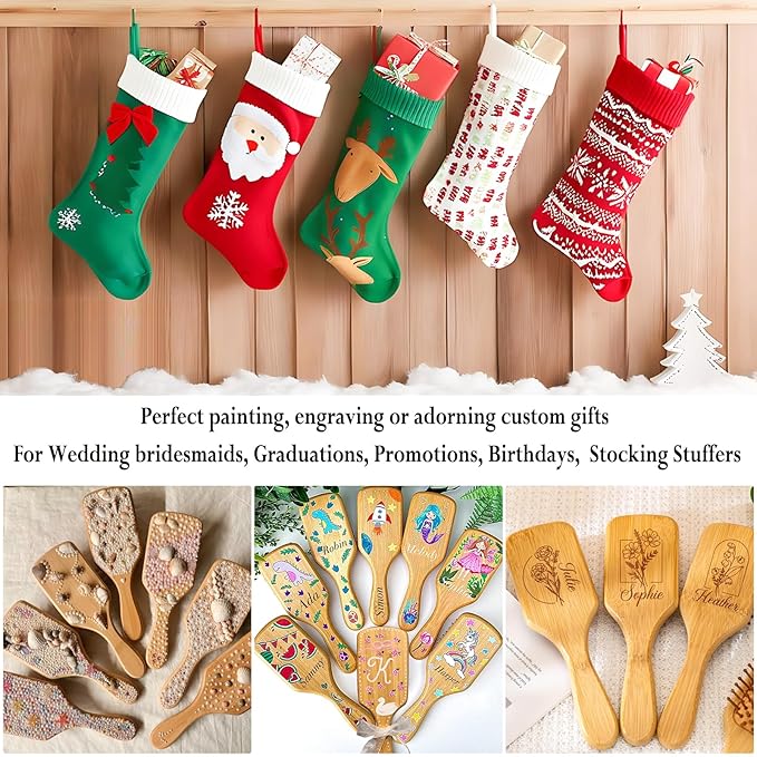 12 Pcs Bamboo Hair Brushes for Women, Bulk Natural Bamboo Bristles Paddle Brush for Scalp Massage, Engraving, Painting, DIY Custom Gifts for Wedding