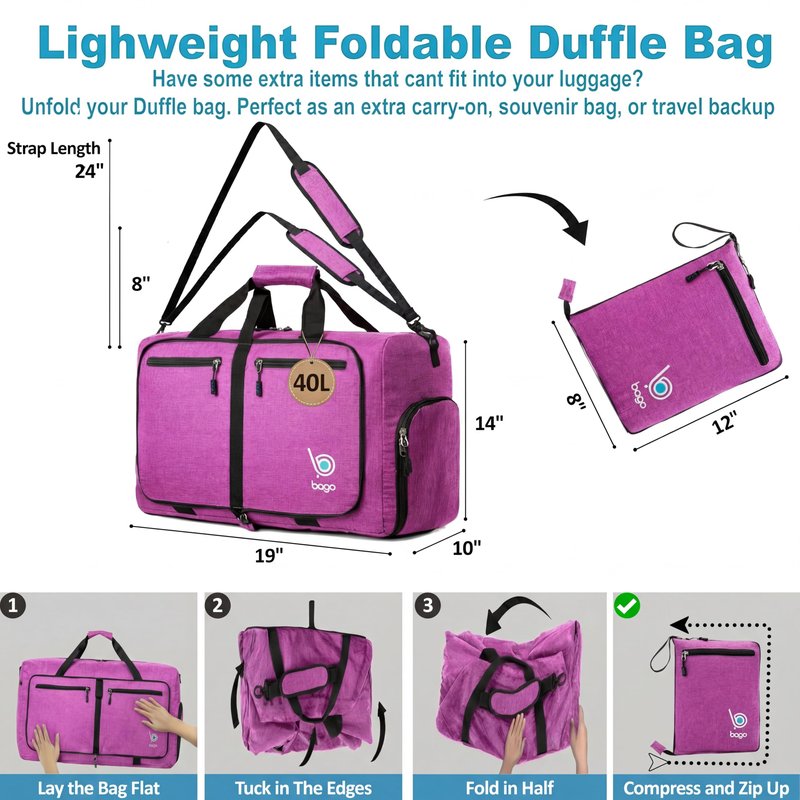 Bago Compact Duffle Bag for Travel Women & Men. Durable Lightweight Foldable Travel Duffel Bags For Traveling Women. 40L Duffle Bags a Reliable Weekender duffel or Overnight Bag With Shoe Compartment