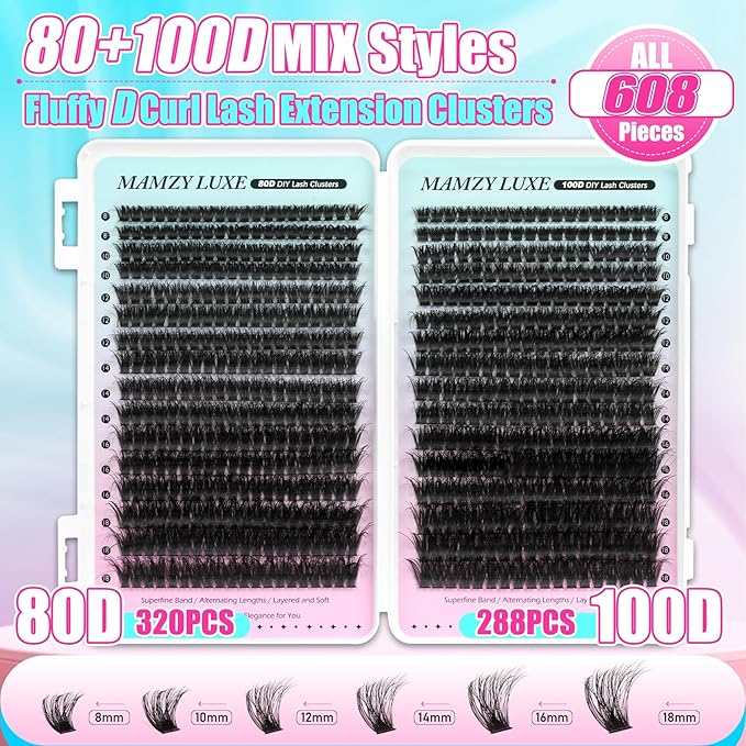 Fluff Lash Clusters 608PCS Cluster Eyelash Extensions 8-18MM Wispy Lashes Clusters 80D 100D D-Curly Eyelash Clusters Mix Daily Look Fake Eyelashes Extension by MAMZY LUXE