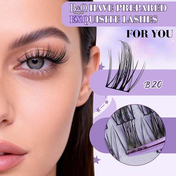 B&Q Wispy Lash Clusters Kit B20, DIY Lash Extension Kit 156PCS Eyelash Extension Kit, Soft Natural Lash Clusters 8-18MIX D Curl Lash cluster, Thin Black Band Cluster Eyelash Extensions (B20 Set)