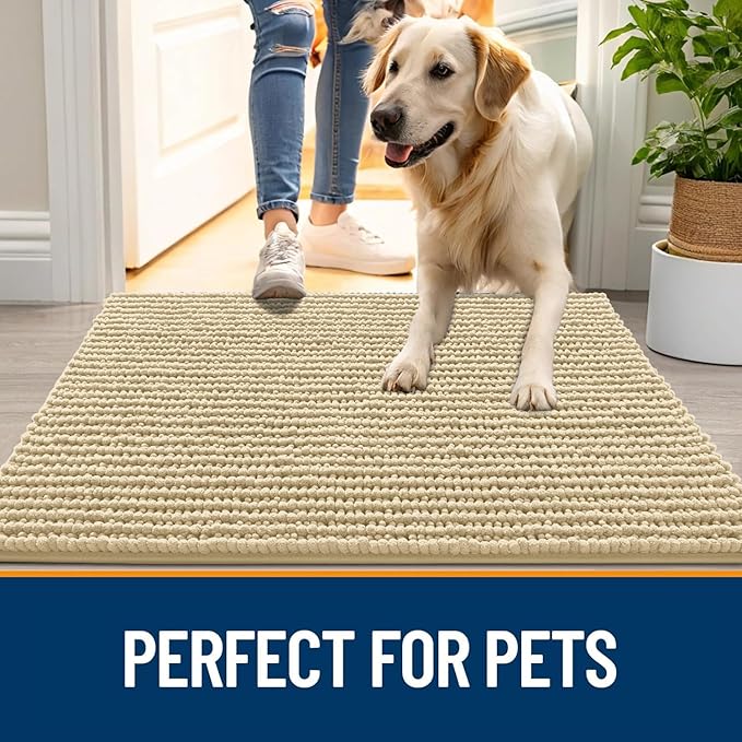 OLANLY Dog Door Mat for Muddy Paws 47x20, Ultra Absorbent Chenille Mud Doormat, Non-Slip Washable and Dirt Trapping Doormat for Indoor Entryway, Quick-Dry Indoor Pet Bed Mats for Dogs, Sand