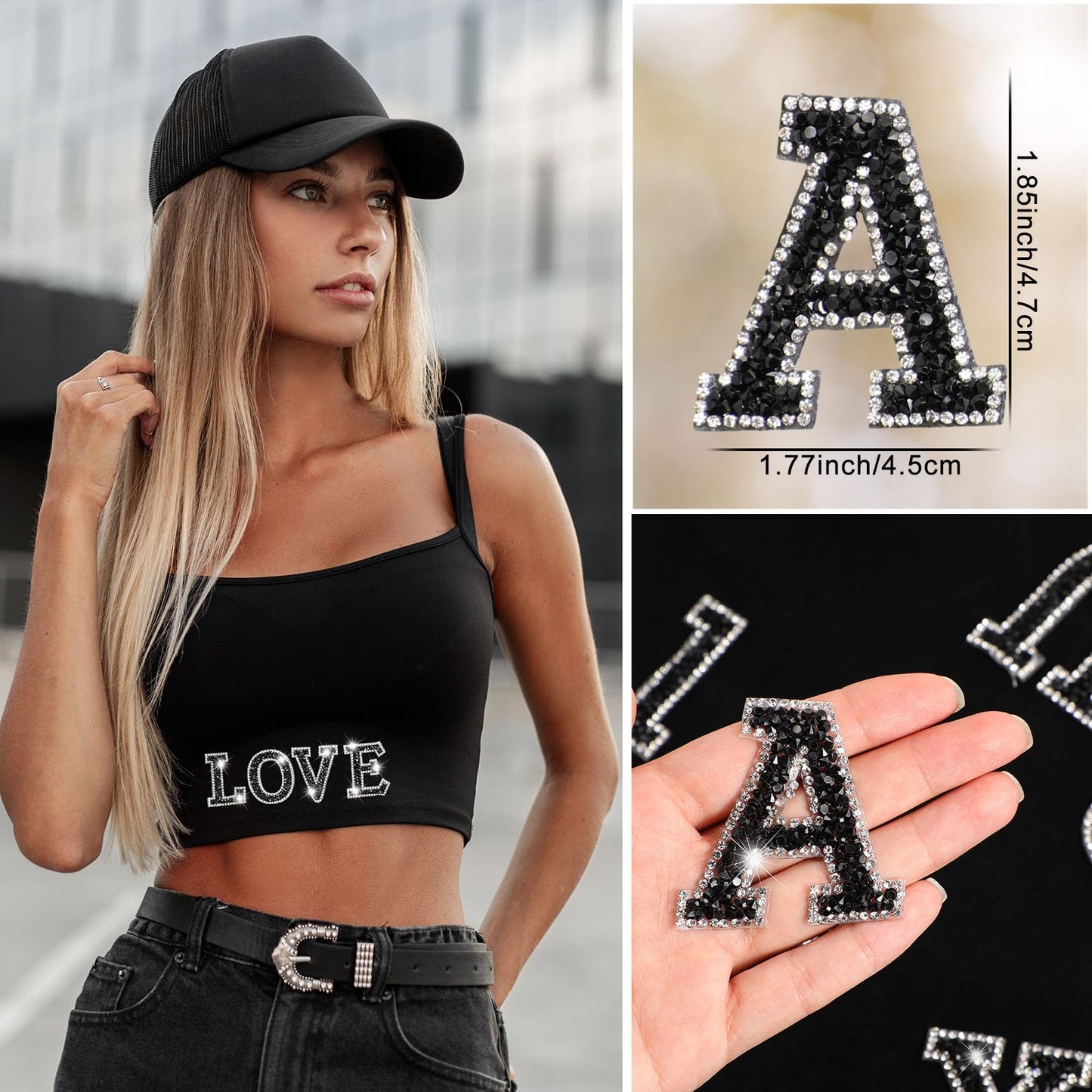 WILLBOND 37 Pieces Rhinestone Letter Stickers Large Glitter Alphabet Crystal Number Self Adhesive Bling Stickers Iron on Letters for Art Crafts Clothing DIY Decors(Black, White,1.97 Inch)