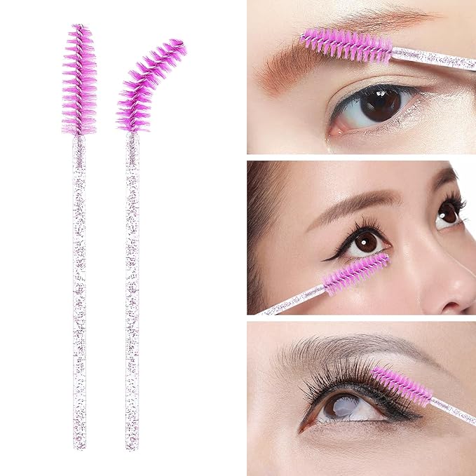 Tbestmax 100 Pcs Disposable Mascara Wands, Crystal Eyebrow Spoolies Brush for Eyelash Extensions, Lash Brushes with Container - Purple