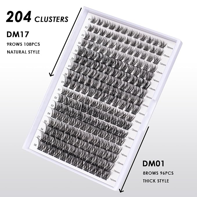 Lash Clusters 204 Pcs Individual Lashes Clusters Eyelash Extensions False Eyelashes DIY Lash Extension Kit Reusable False Eyelashes Natural Look Mix 10-16mm(DM01+DM17)