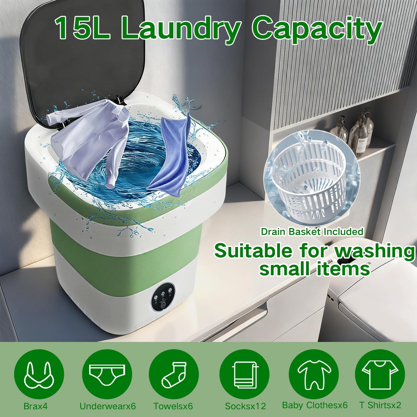 15L Mini Portable Washing Machine, Collapsible Washer with 3 Cleaning Modes for Underwear, Baby Clothes, Small Foldable Laundry for Travel Apartment Home Dorm Hotel Camping (White Green)