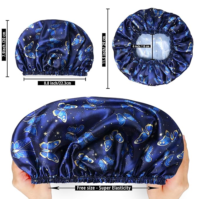 4 PCS Shower Cap for Women, Elastic and Reusable Bath Caps, Double Layers Shower Caps Reusable Waterproof, Bathing Shower Caps, Environmental Bath Hair Protection Cap - Butterfly A