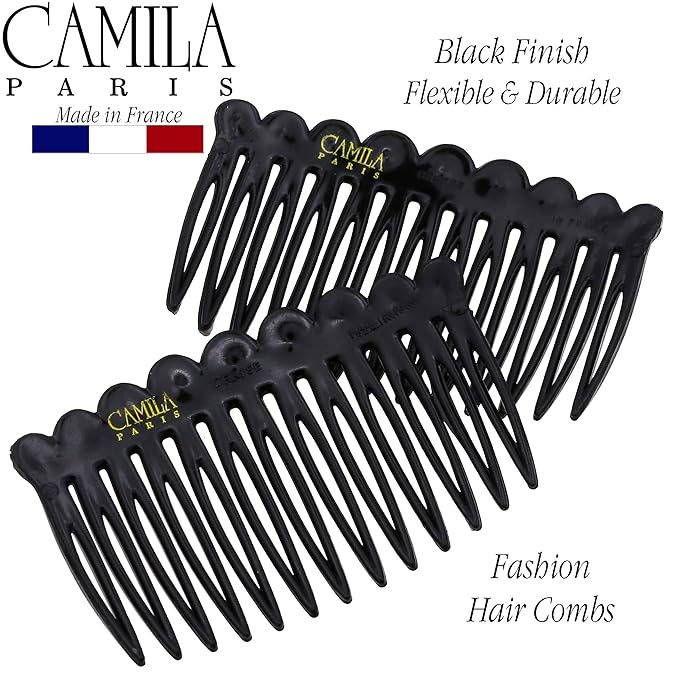 Camila Paris CP2869/2 French Hair Side Comb Small Rounded, Black French Twist Hair Combs Decorative, Strong Hold Hair Clips for Women Bun Chignon Up-Do Styling Girls Hair Accessories, Made in France