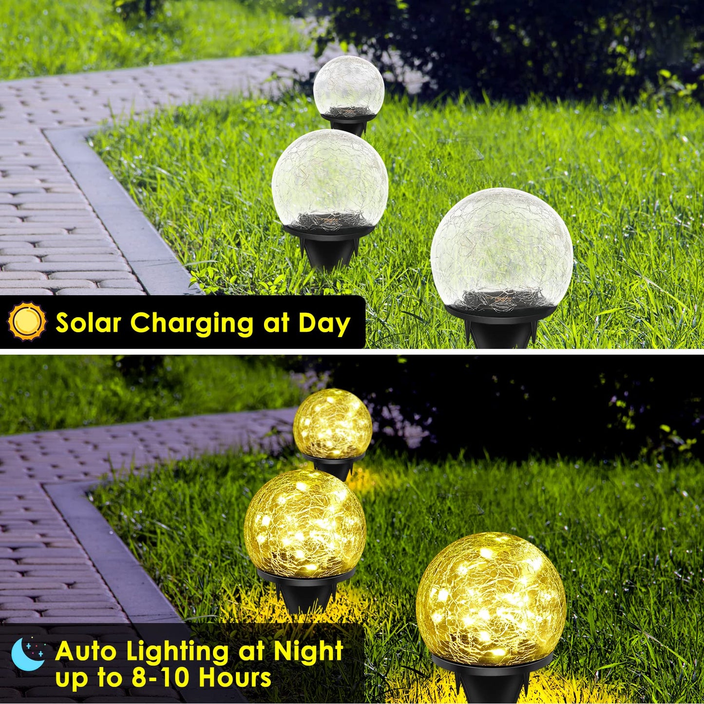Keevvon Solar Garden Lights, 2 Pack 80 LED Cracked Glass Solar Globe Lights Outdoor Decoration, Upgraded Waterproof Warm White Ball Lights for Yard Pathway Patio Lawn Christmas Outside Decor, 5.9"