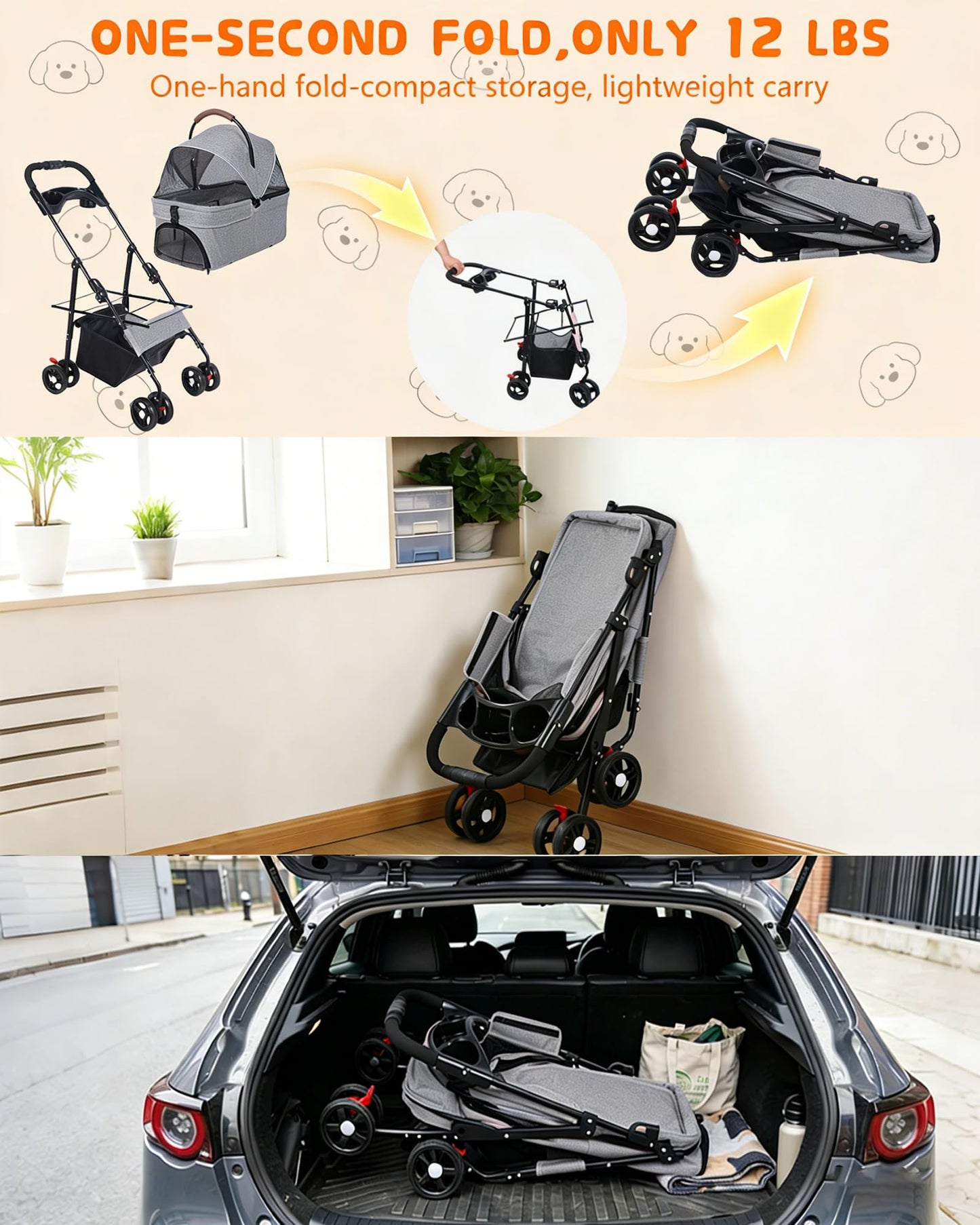 Pet Stroller with Removable Carrier, 35lbs Capacity - One-Click Foldable Dog Stroller, Cat Carrier & All-Terrain Wheels, Compact Travel Pet Stroller for Small to Medium Pets-Gray