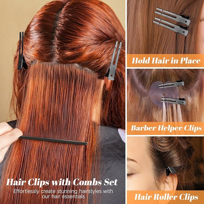 Double Prong Curl Clips, IKOCO 50 Pcs Pins Curls Setting Section Hair Clips Metal for DIY with 3Pcs Comb Set for Salon Barber Hair Styles