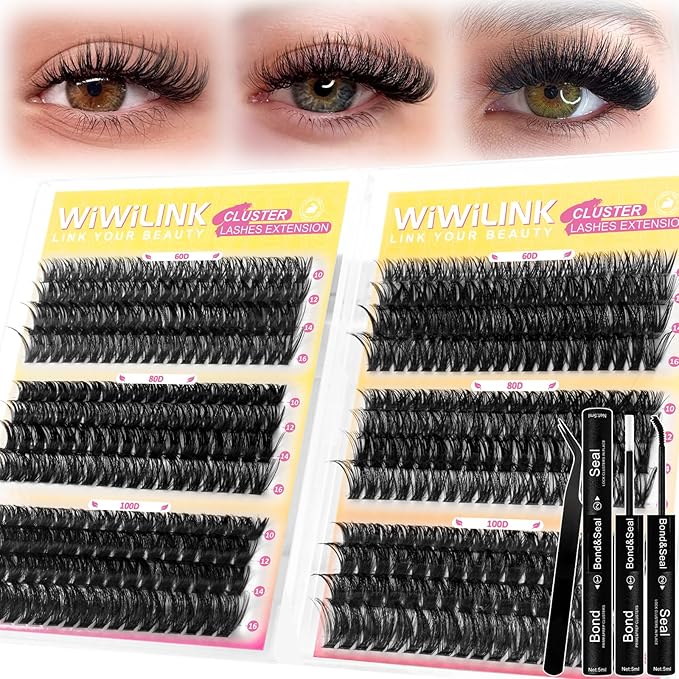 Fluffy Lash Clusters Kit 448Pcs, Wispy Volume (60D/80D/100D) D-Curl Cluster Eyelash Extensions 10-16mm + Bond & Seal Glue + Tweezers - Reusable 15+ Times, Natural to Dramatic Volume