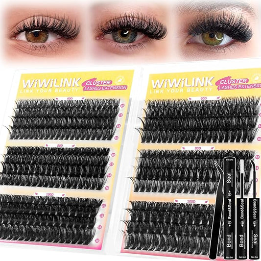 Fluffy Lash Clusters Kit 448Pcs, Wispy Volume (60D/80D/100D) D-Curl Cluster Eyelash Extensions 10-16mm + Bond & Seal Glue + Tweezers - Reusable 15+ Times, Natural to Dramatic Volume