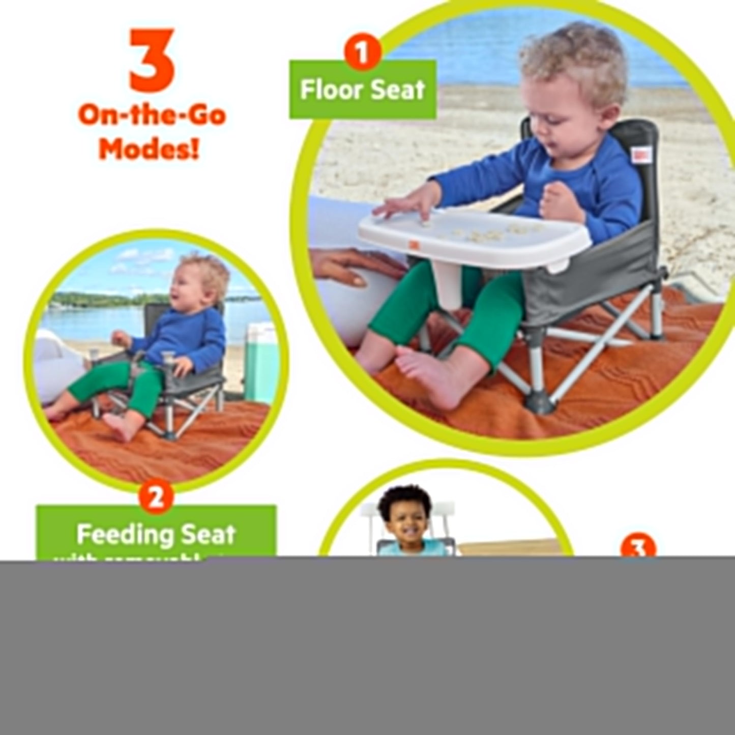 Bright Starts Pop 'N Sit Portable Booster, Indoor/Outdoor Use, Floor Seat with Feeding Tray, Grey, 6 Mos - 3 Yrs