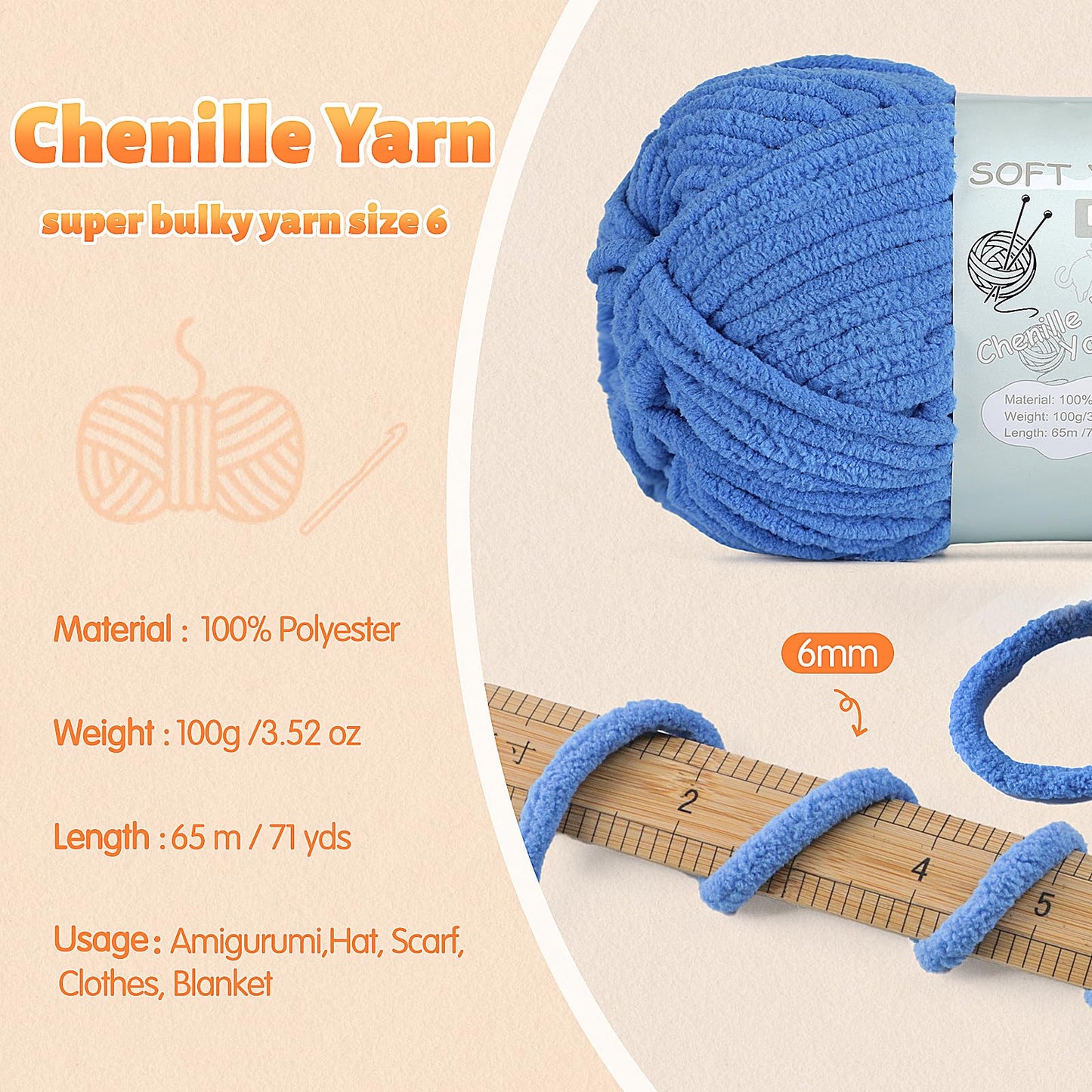 Chunky Chenille Yarn Velvet Soft Super Bulky Size 6 for Crocheting Knitting, Baby Blanket Yarn, 100g 71 Yds per Skein, Easy to Use for Scarves, Amigurumi, Crafts (4, Tangerine)