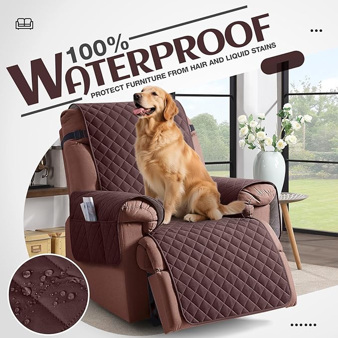 KinCam 100% Waterproof Recliner Chair Cover, Reclining Couch Covers for Pets, Dogs, Recliner Couch Slipcover Furniture Protector with Elastic Straps for Kids(28", Coffee)