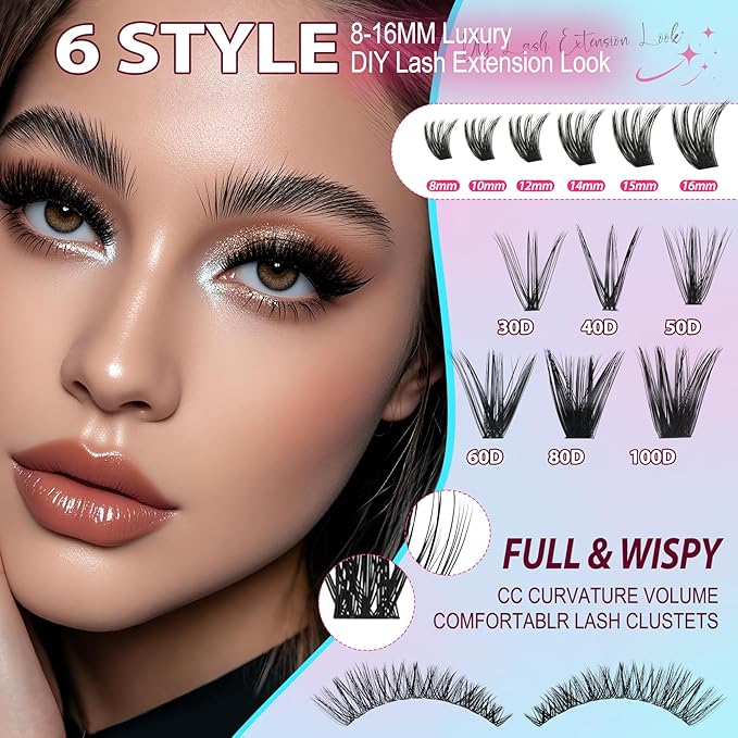 Lash Clusters Kit 708Pcs Individual Cluster Lash Extensions Kit 30D+40D+50D+60D+80D+100D Wispy Eyelash Clusters with Lash Bond and Seal and Tweezers 10-16mm 6 Styles Mix Lashes Clusters Kit