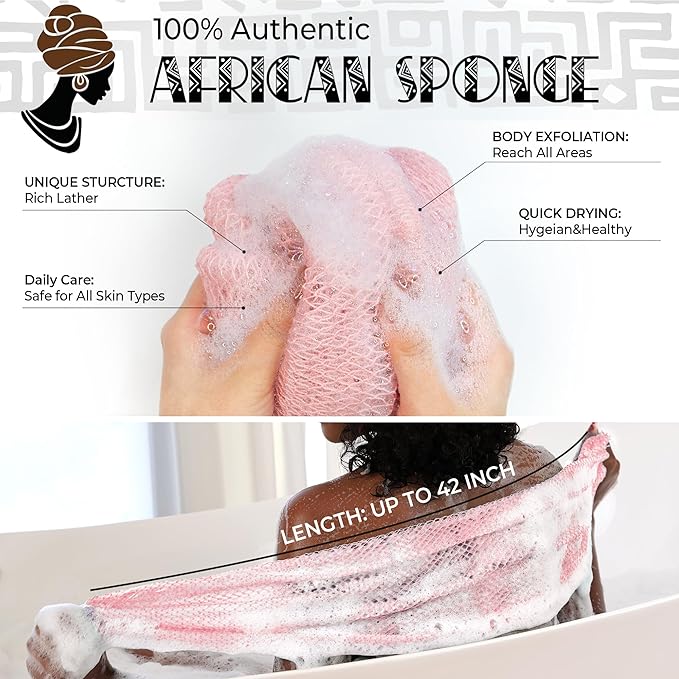 Afro Scrubber African Net Sponge - 2 Pieces Authentic African Wash Cloths - Exfoliating Body Sponges for Showering Forest & BabyPink - Back Scrub Exfoliator Shower Loofah for Body Bath Accessories