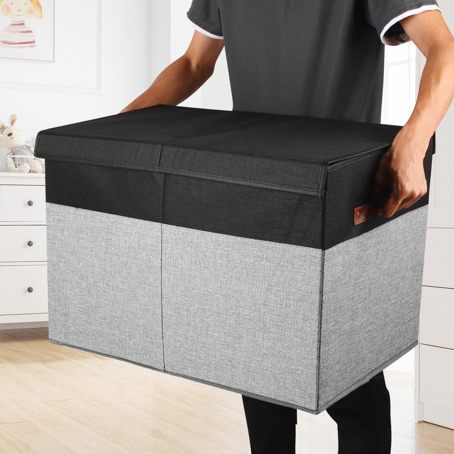 Gowee Large Toy Storage Box with Lid, Sturdy Toys Storage Chest Bin Organizer Basket with Dividers for Kids, Boys, Girls, Nursery, Closet, Bedroom, Playroom 25"x13" x16" (Black and Grey)