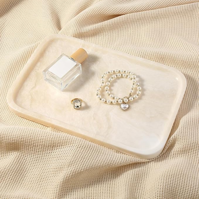 Koville Marble Tray, 12"x8" Marble Vanity Tray for Countertop Bathroom Kitchen Dresser, Decorative Catchall Trays for Perfume Jewelry, Rectangular Stone Serving Tray(Navona)