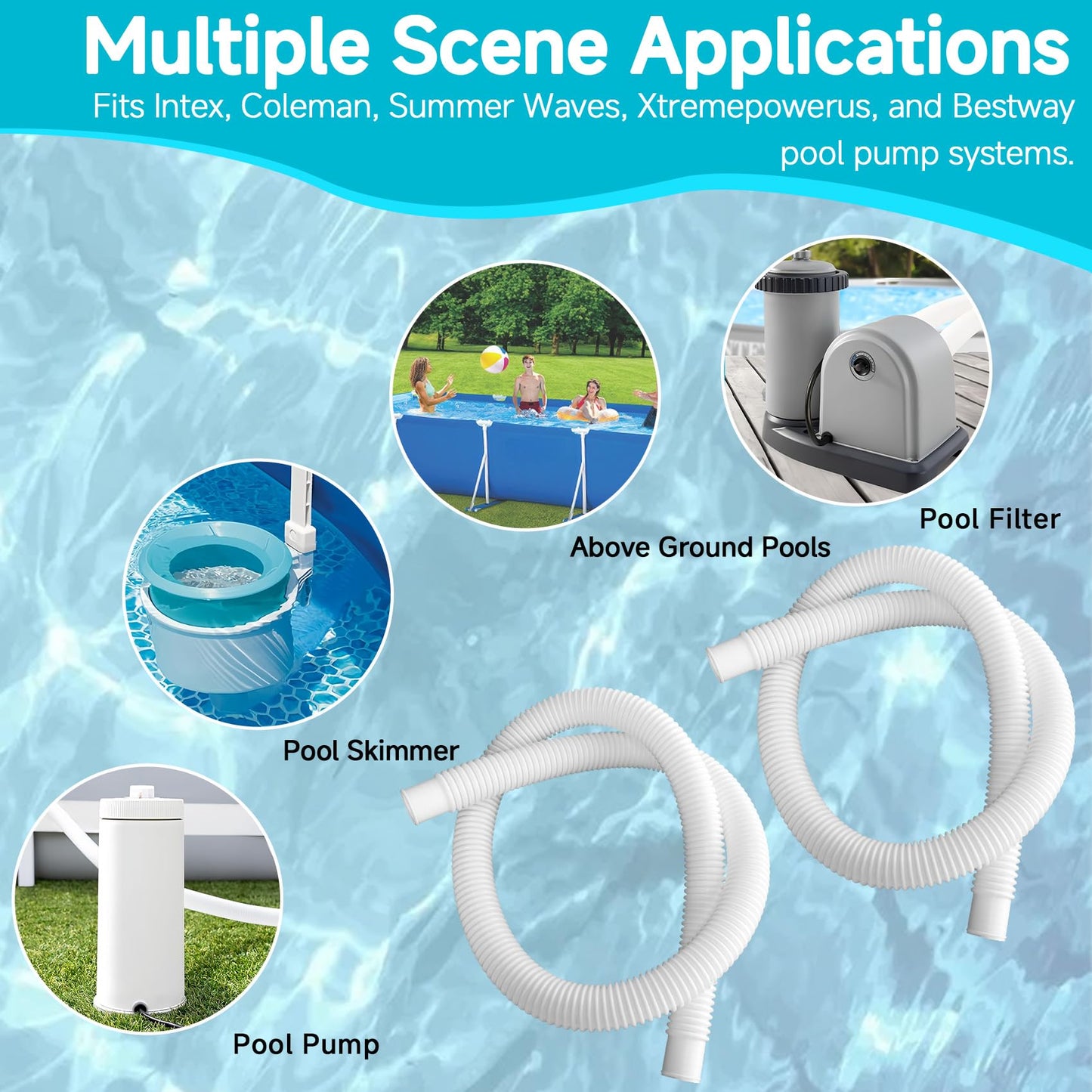 1.25" x 3ft Pool Hose for Above Ground Pools, 1-1/4" Flexible Pool Skimmer Hose Replacement Compatible with Intex, Coleman, Summer Waves, XtremepowerUS, Bestway, Sand Filter Pumps (White, 2 Pack)