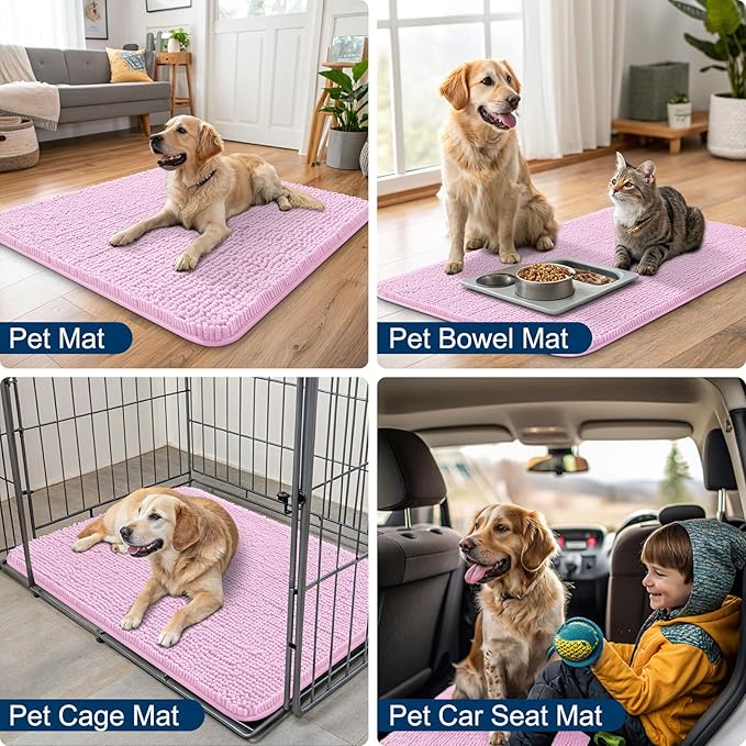 Smiry Dog Door Mat for Muddy Paws 47x24, Absorbs Moisture and Dirt Doormat, Non-Slip Washable Quick Dry Chenille Front Door Mat Indoor Entrance, Entryway Carpet for Inside Floor, Pink