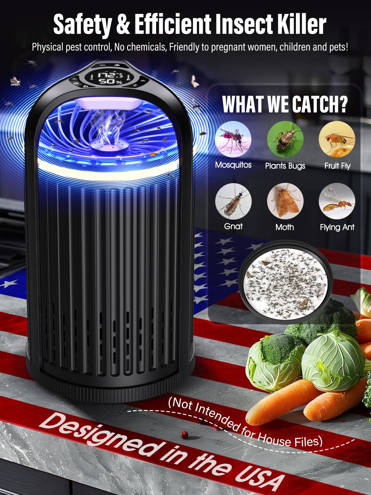 Fly Trap Indoor - Fruit Fly Traps for Indoors, Gnat Traps for House Indoor with 3-in-1 Multi-Insect Catching + UV&Blue Light + Fan Suction, Ideal for Garage/Kitchen/Patio/Plant Pots, 10 Refills, Black