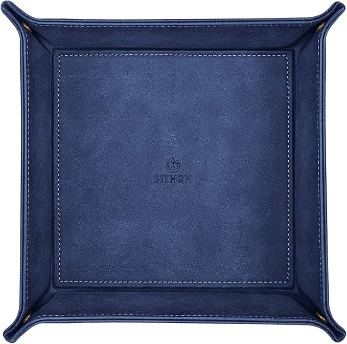 SITHON Valet Tray Desktop Storage Organizer Ã¢ÂÂ Premium PU Leather Catchall Bedside Vanity Tray Nightstand Caddy Holder for Keys, Phone, Wallet, Valentine's Day Gift, Dark Blue