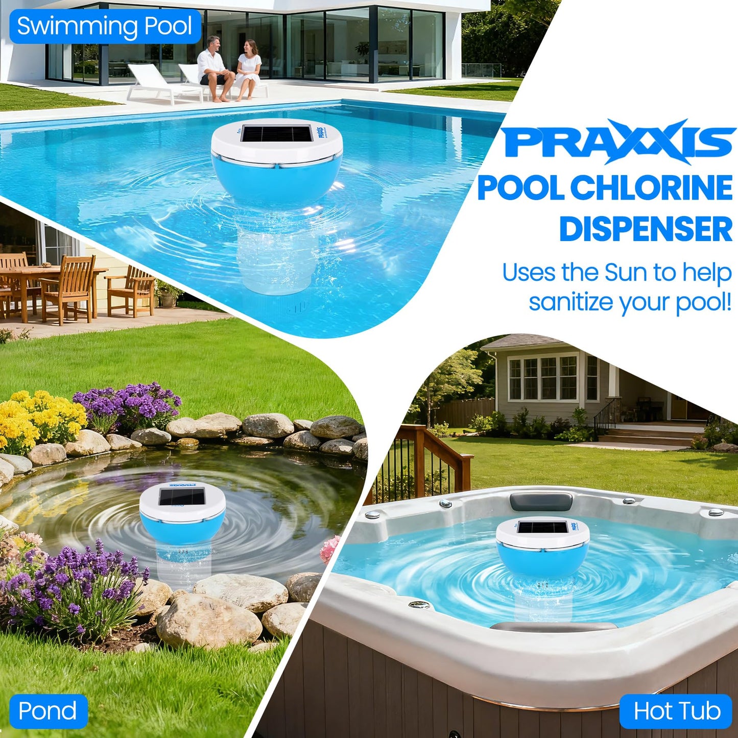 PRAXXIS Chlorine Floater with Solar-Powered Pump, Solar Chlorine Floater with Uniform Distribution, Rotating & Moving Floating Chlorine Dispenser for Pool, Adjustable Flow Pool Chlorine Floater(Blue)