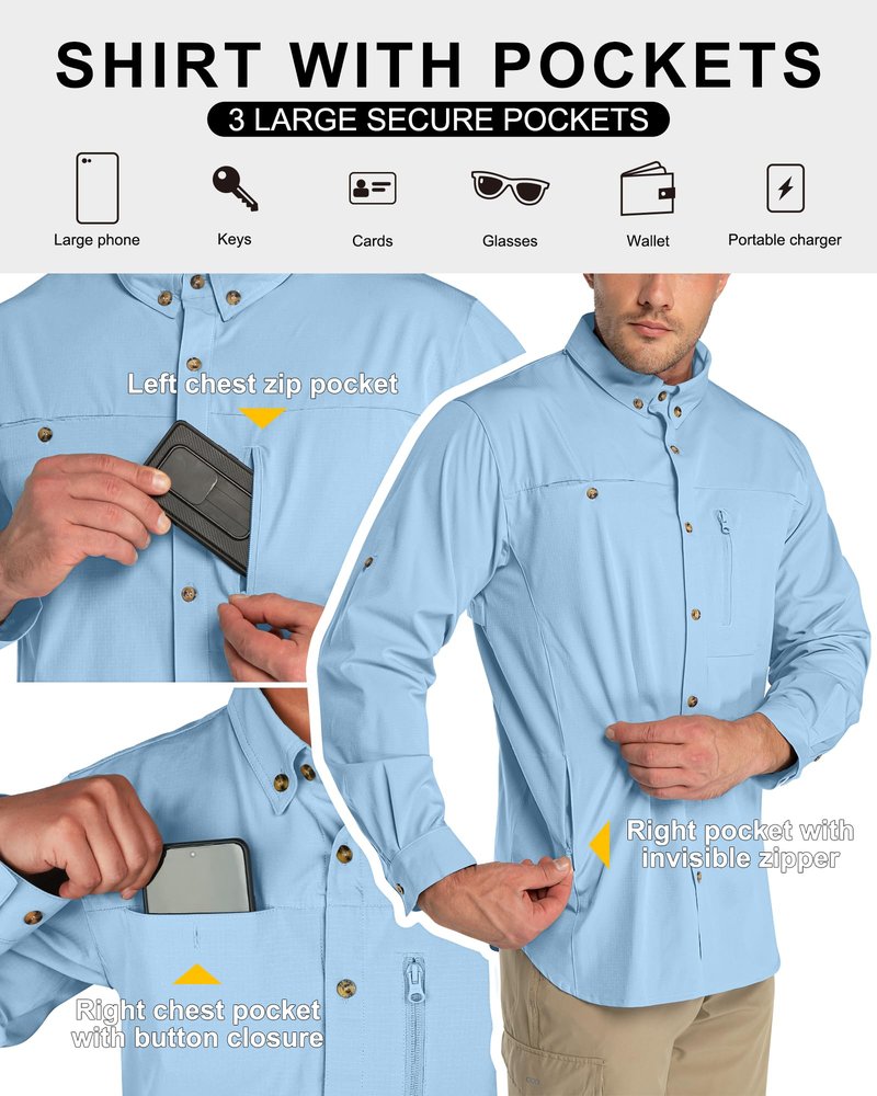 33,000ft Men's UPF 50+ UV Protection Long Sleeve Hiking Shirts Breathable Quick Dry Fishing Shirts for Safari, Outdoor Light Blue