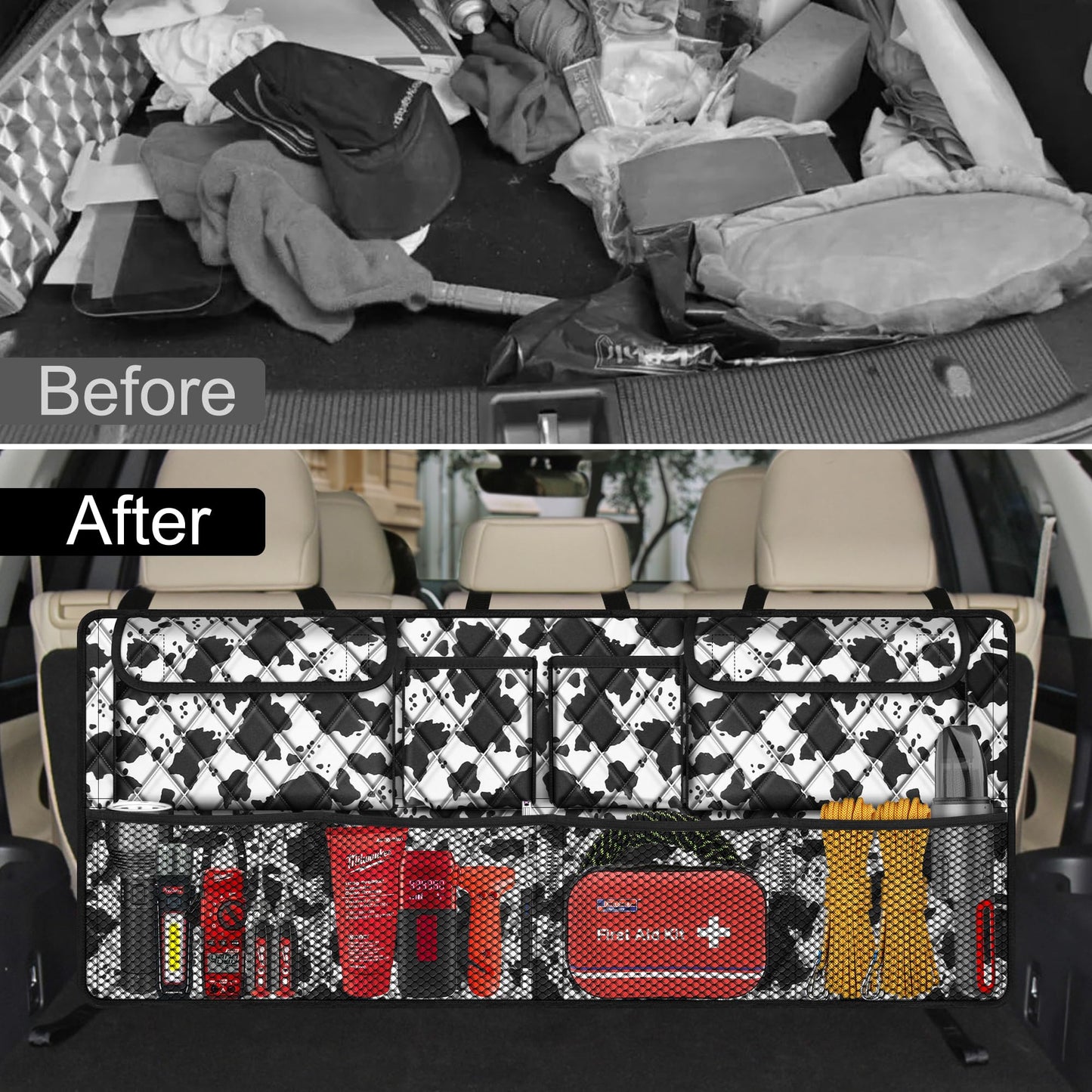 Femuar Car Trunk Organizer,Large Capacity Backseat Trunk Organizer(42"*18"),Collapsible Car Storage Bag with 8 Pocekt,SUV/MPV/Truck - Cow print
