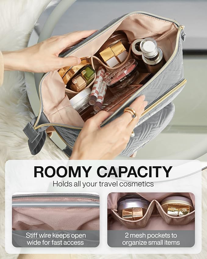 BAGSMART Travel Makeup Bag, Cosmetic Bag Make Up Organizer Case, Large Wide-open Pouch for Women Double Layers Purse for Toiletries Accessories Brushes Greey