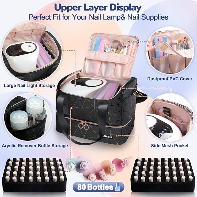 Nail Polish Organizer Holds 80 Bottles (15ml/0.5 fl.oz)& Nail Lamp, PU Leather Nail Organizers and Storage Bag with Shoulder Strap, Portable Nail Supplies Kit Organizer Carrying Case (Black)