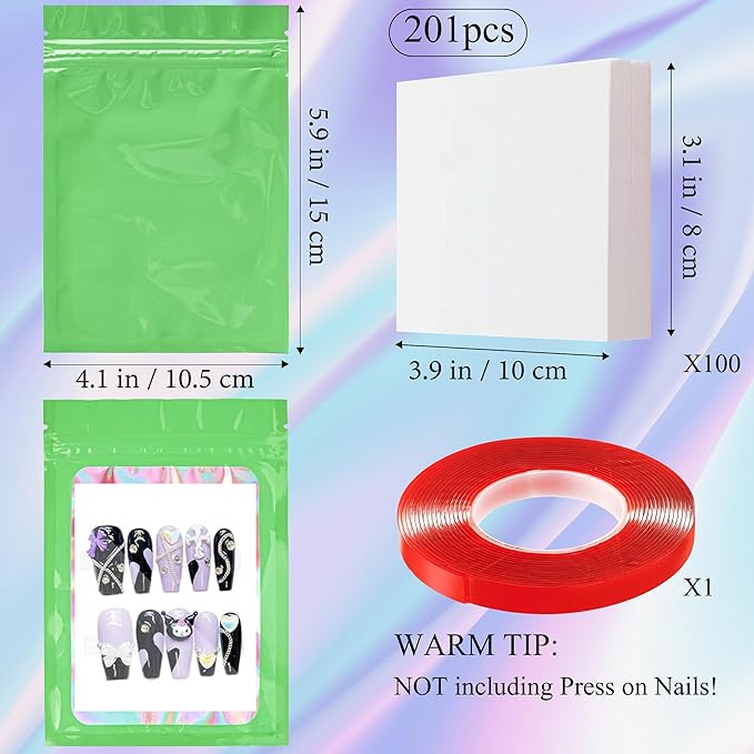100PCS Empty Solid Green Holographic Nail Storage Bag Press on Nail Packaging Bag and 100PCS Shiny white cardboard Nail Tips Packaging Bags with 1 Roll Transparent Tape