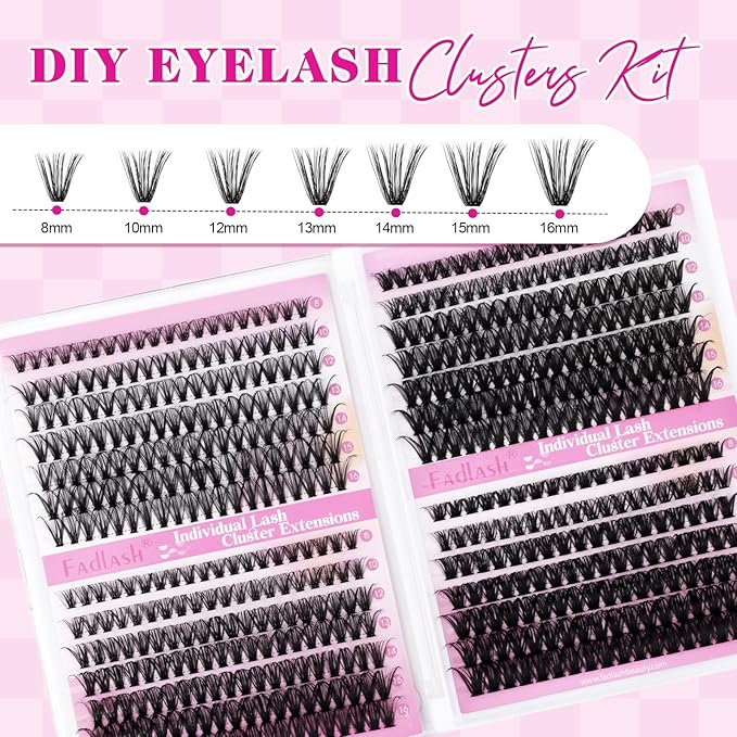 FADLASH Lash Clusters 546PCS Wispy Eyelash Clusters 30D+40D+50D+60D Individual Natural Lash Extensions 8-16mm Soft Thin Band DIY at Home