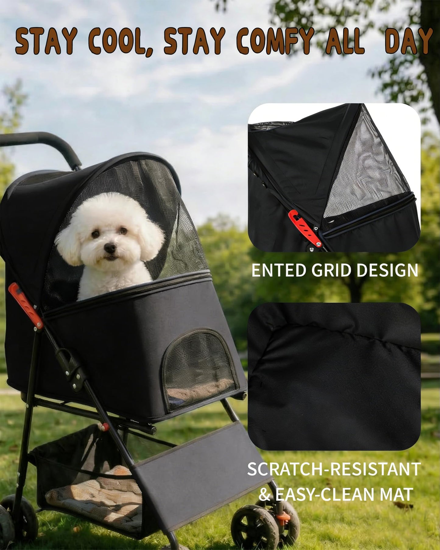 Pet Stroller for Small Medium Dogs Cats - Lightweight 10lbs Foldable Dog Stroller, Breathable Mesh & Safety Tether, 33lbs Capacity with Locking Wheels, Storage Basket for Outdoor Walks-Black