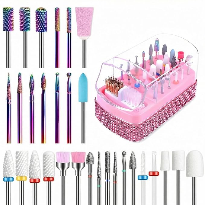 30PCS Nail Drill Bits Set with Holder Case, 3/32 Inch Tungsten Carbide Ceramic Diamond Efile Nail Bits Tool & Organizer for Acrylic Gel Dip Powder Cuticle Removal Polish, Nail Tech Manicure Pedicure