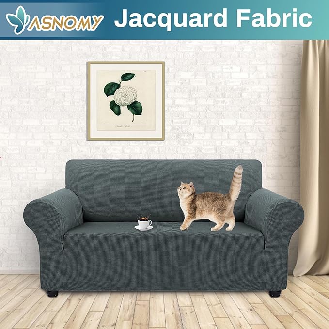 Asnomy Sofa Covers for 2 Cushion Couch Stretch loveseat Covers Slipcovers, Pet Protector Furniture Covers for Dogs Cats Spandex Jacquard Fabric Small Checks （Medium，Gray）