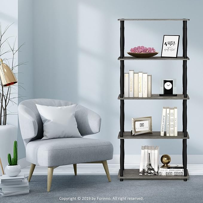 Furinno TURN-S-TUBE Storage Shelves, 5-Tier Book Shelf, Corner Shelf, Toolless Open Shelves, Classic Tubes, for Organization and Storage, Living Room, Garage, Home Office, French Oak