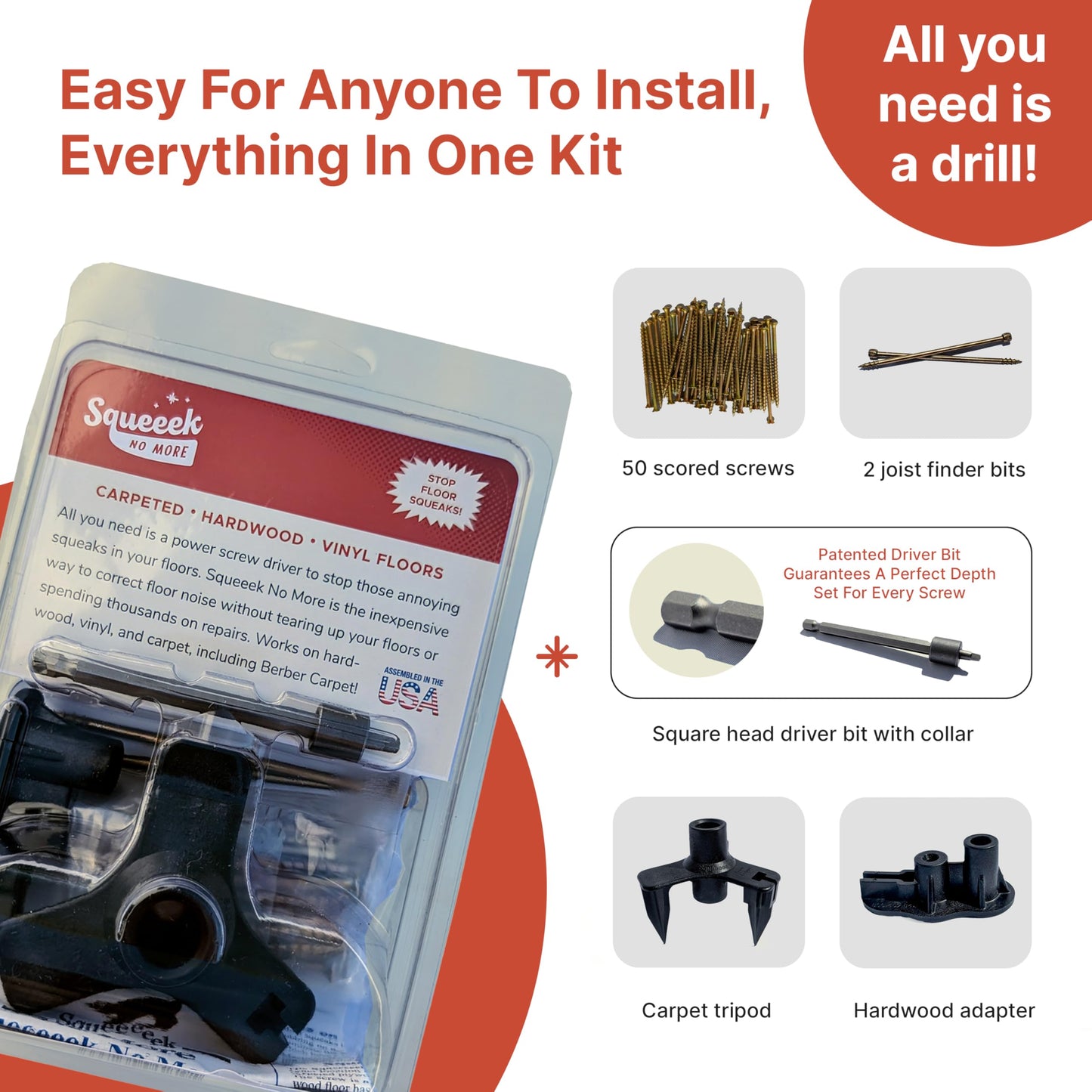 SQUEEEK NO MORE Squeaky Floor Repair Kit for Hardwood, Carpet, Vinyl & Linoleum – Complete Floor Squeak Repair Kit Includes Joist Finder Drill Bits, Tripod Fixture and 50 Counter-snap Screws