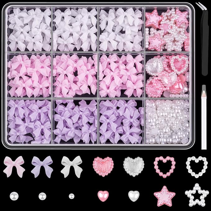 600pcs 3D Charms and Pearls Set - Pink, White, Lilac Nail Bows, Stars, Hearts + White Pearls (2-4mm) - DIY Decoration Tools