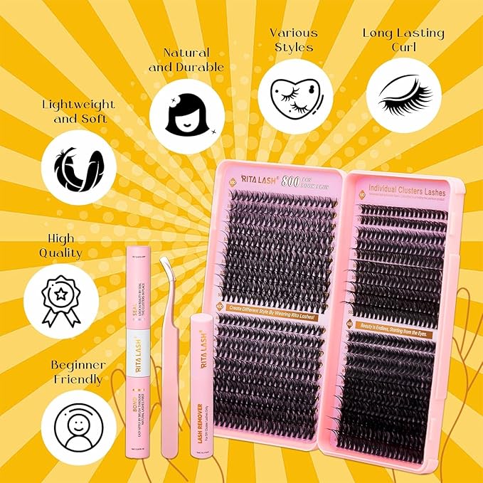 RITALASH Lash Extension Kit DIY Lash Clusters 800pcs Cluster Lashes Individual Lashes Book Set Eyelash Extension Kit with Lash Bond and Seal,Lash Remover,Lash Tweezers(30D+40D+50D+60D Kit,8-16mm)