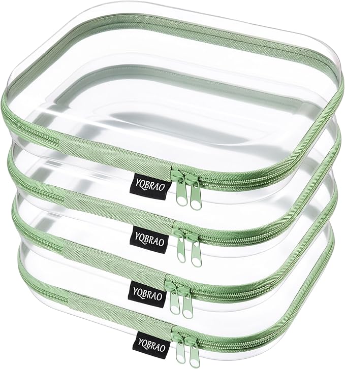 YQBRAO 4-Pack Clear Diaper Bag Organizer Pouches, 1.2mm Ultra-Thick PET Travel Pouches for Toiletries & Makeup, Rigid Self-Standing Bags with YKK Zippers, TSA Approved (Green)